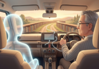 運転席の男性の隣に、半透明で光るAIの同乗者が座っている車内のイラスト。フロントガラスの先には本棚のような道が続いている