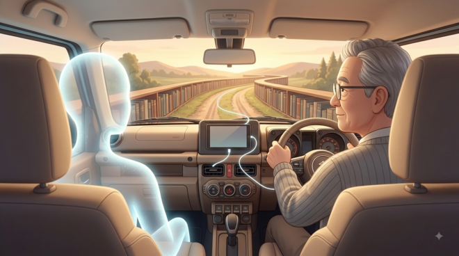 運転席の男性の隣に、半透明で光るAIの同乗者が座っている車内のイラスト。フロントガラスの先には本棚のような道が続いている