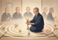 和室で花を生ける着物姿の男性と、円環状に広がる残像のイラスト