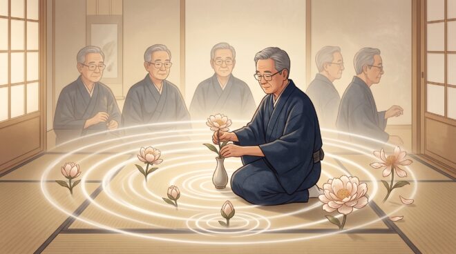 和室で花を生ける着物姿の男性と、円環状に広がる残像のイラスト